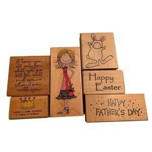 Rubber Stamp Lot: Sentiments Easter Fathers Day Bunny Crown Girl Wood-Mounted